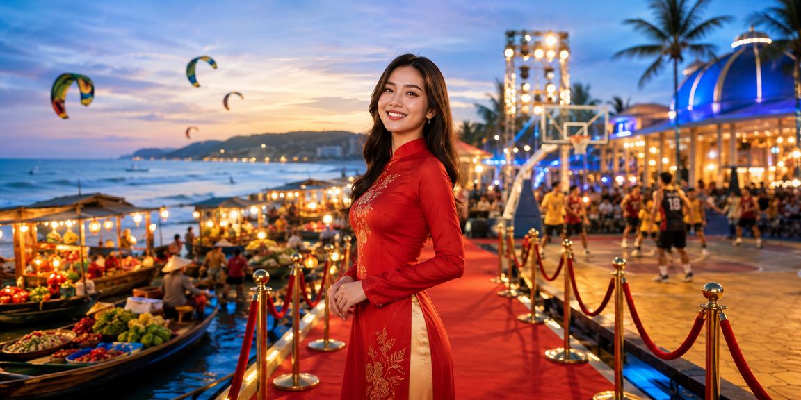Người phụ nữ mặc áo dài xem thông tin cá cược bóng rổ tại Mũi Né